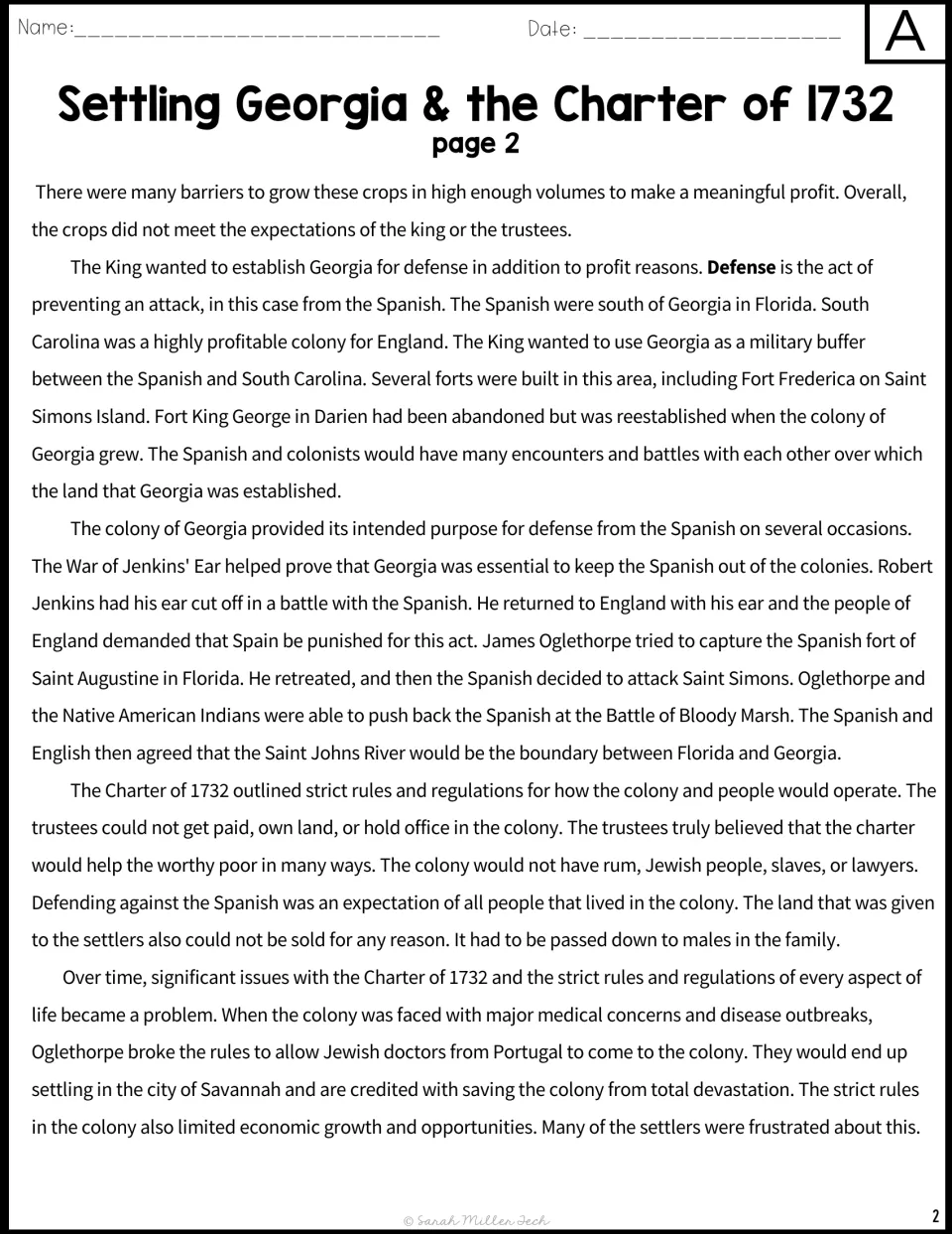 Version A reading, part 2: Georgia's defense against Spain, colonial rules, and challenges to the charter