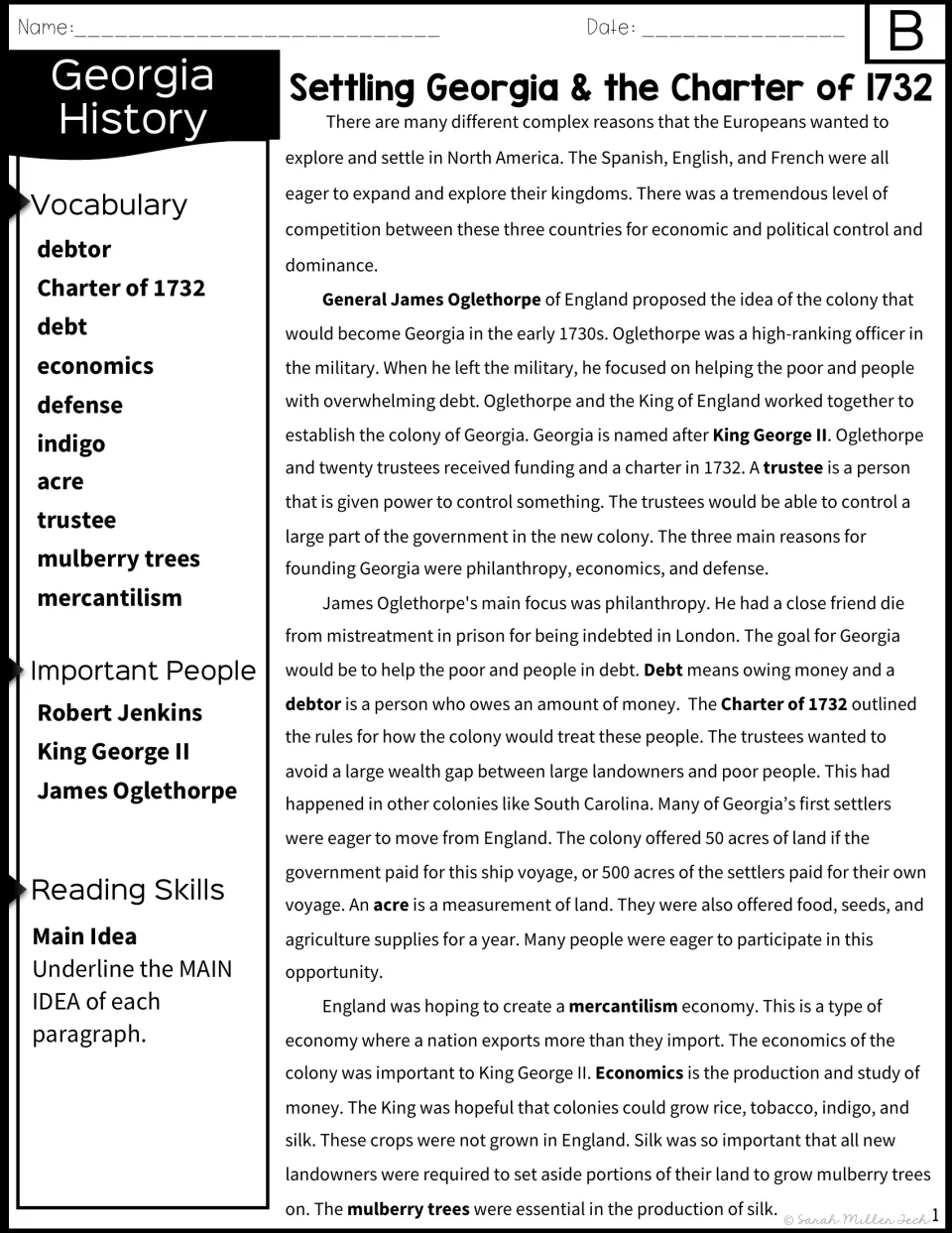 Version B reading, part 1: Georgia's founding, vocabulary, important people, and a main idea task