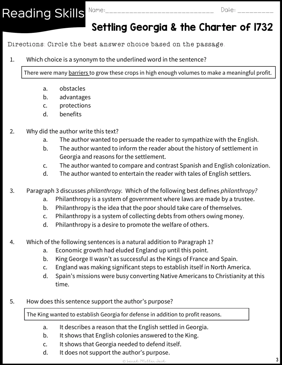 Five reading skills questions on barriers, philanthropy, author's purpose, and adding a sentence