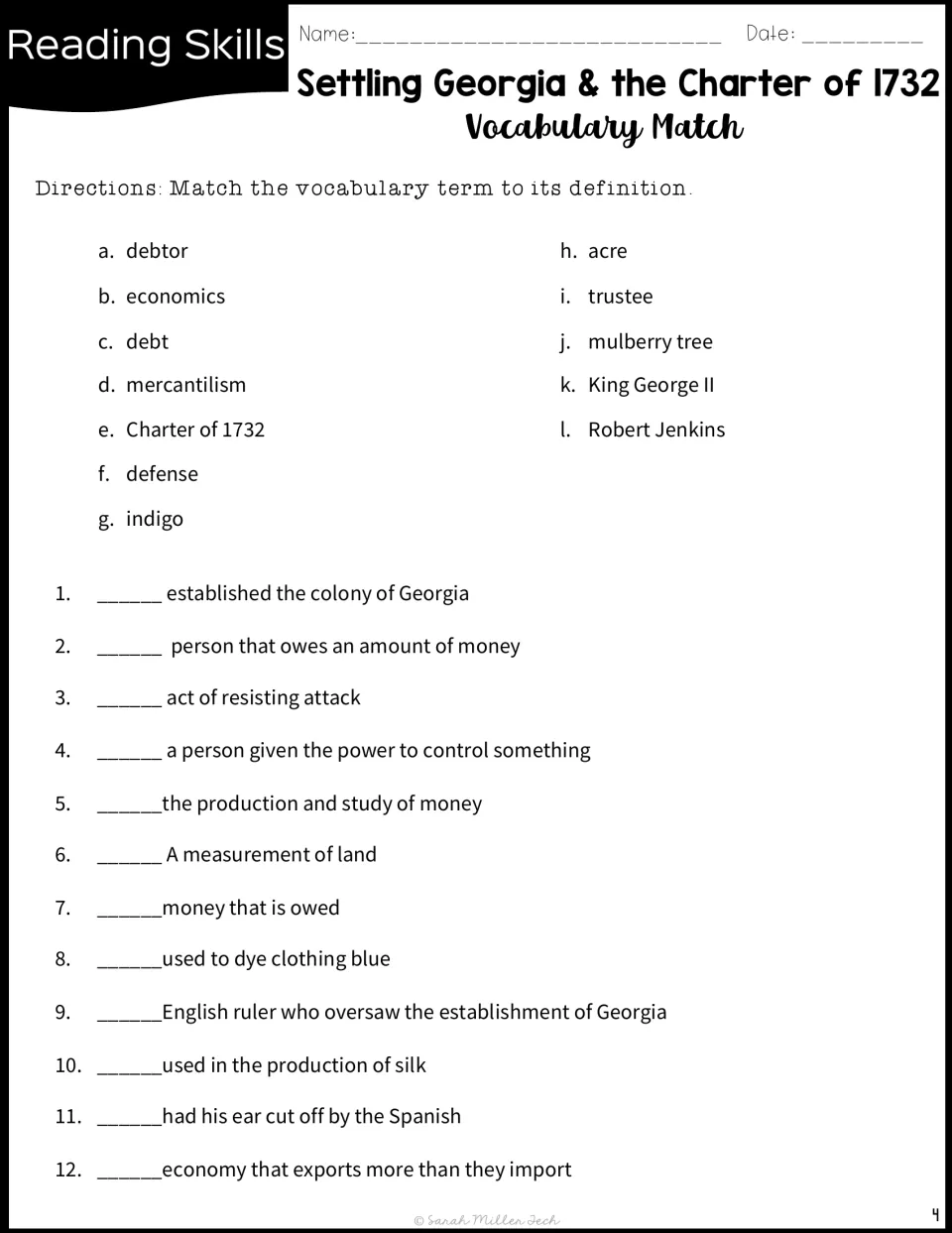 Vocabulary matching practice pairs 12 definitions with terms including debtor, trustee, and mercantilism