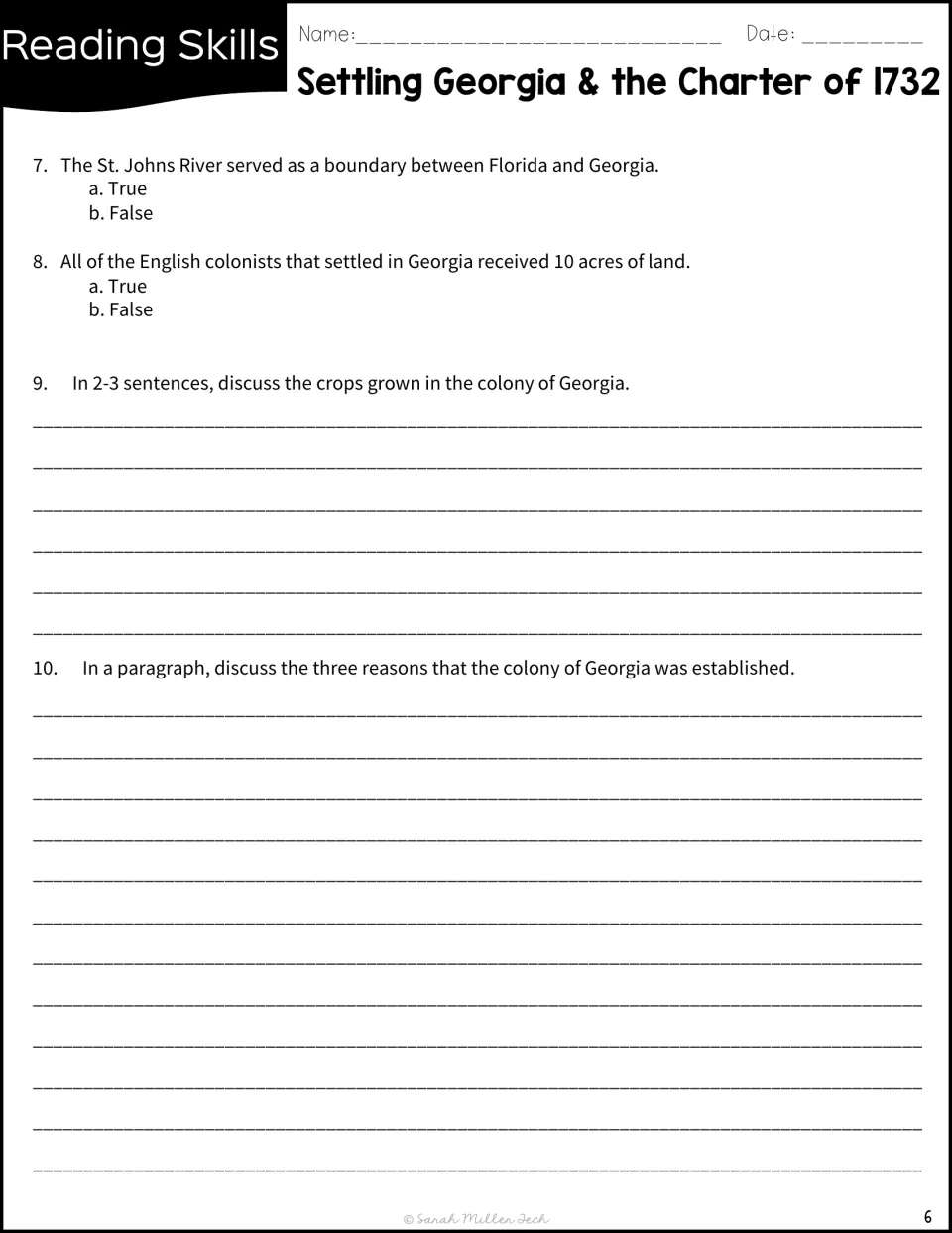Georgia history questions 7–10 include true-or-false statements and writing about crops and founding reasons