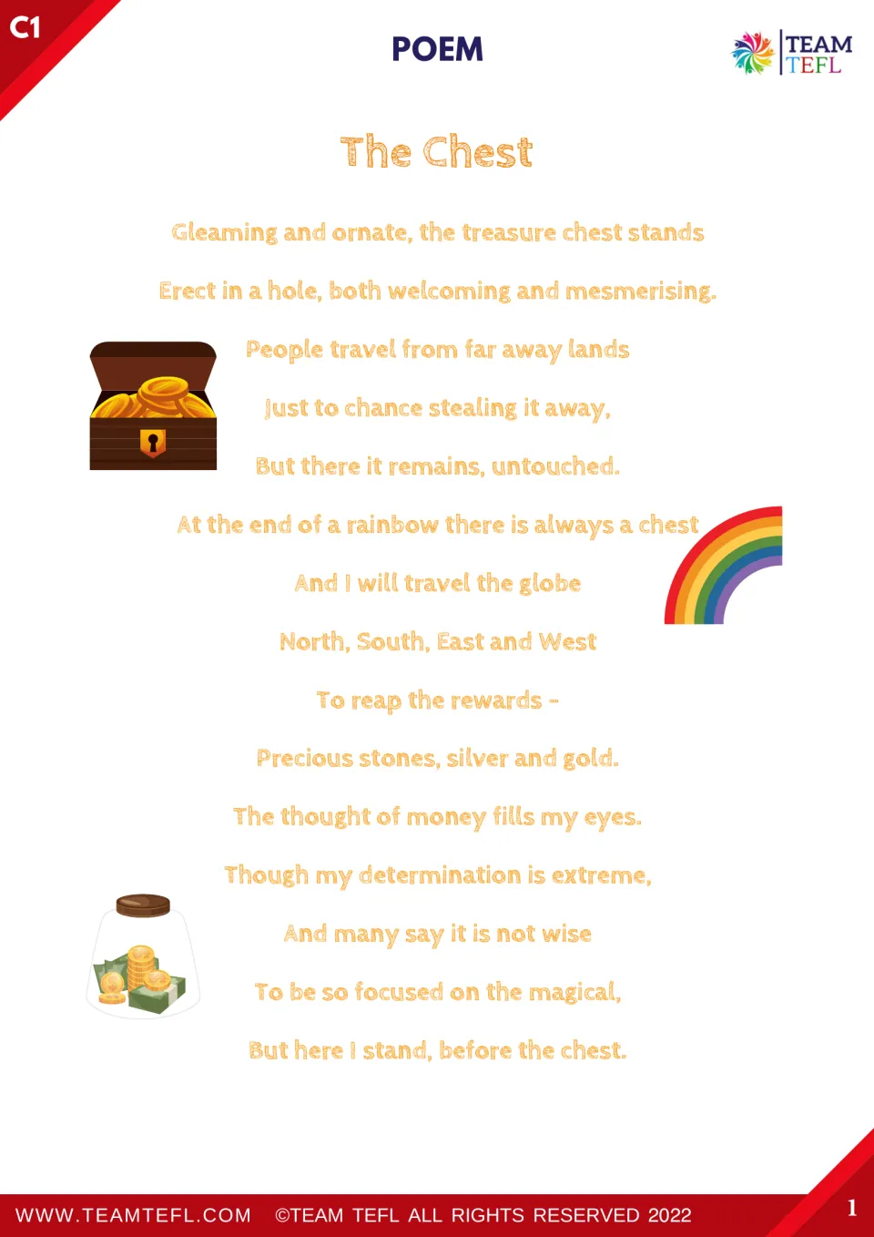 C1 poem "The Chest", part 1: students read verses about a treasure chest at a rainbow's end and the pull of gold