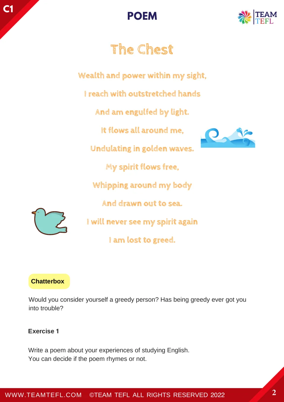 Poem ending on greed, then a Chatterbox question on being greedy and Exercise 1: write a poem about studying English