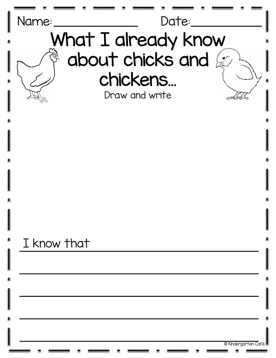 What I already know about chicks and chickens: students draw and write prior knowledge, starting from the frame I know that