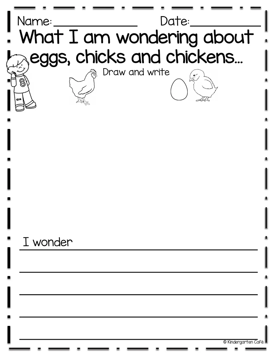 What I am wondering about eggs, chicks and chickens: students draw and write a question using the frame I wonder
