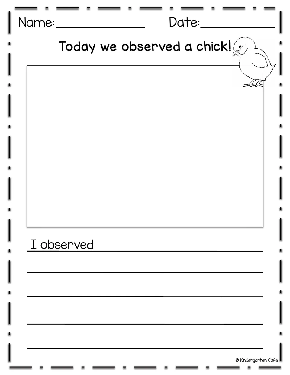 Chick observation: students draw the chick they watched, then finish the sentence 'I observed' on the writing lines