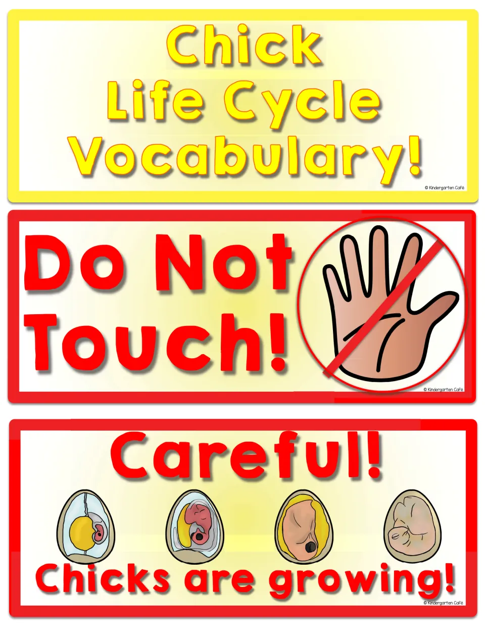 Chick life cycle title sign and two reminder signs: 'Do Not Touch!' and 'Careful! Chicks are growing!'