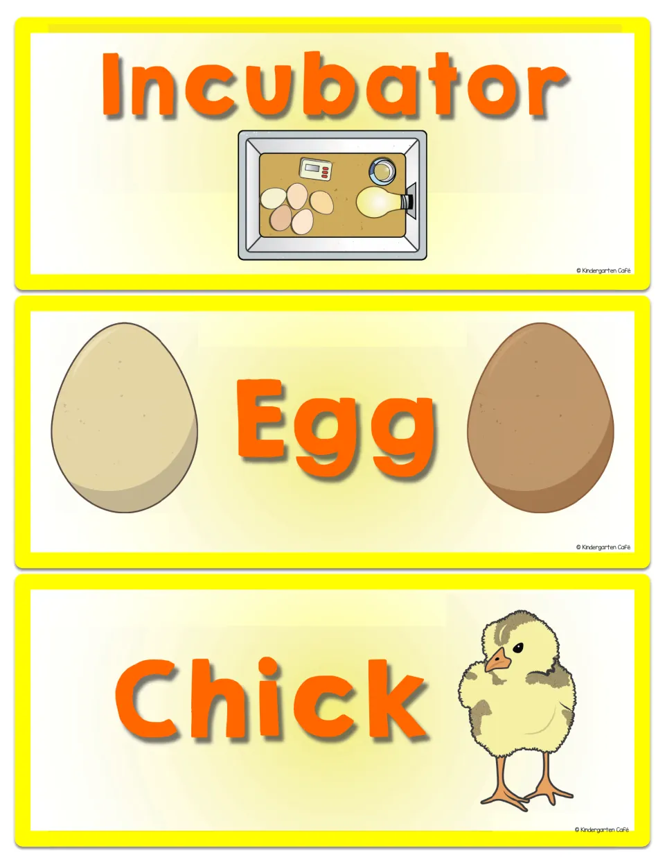 Chicken life cycle vocabulary cards for incubator, egg, and chick, each paired with an illustration