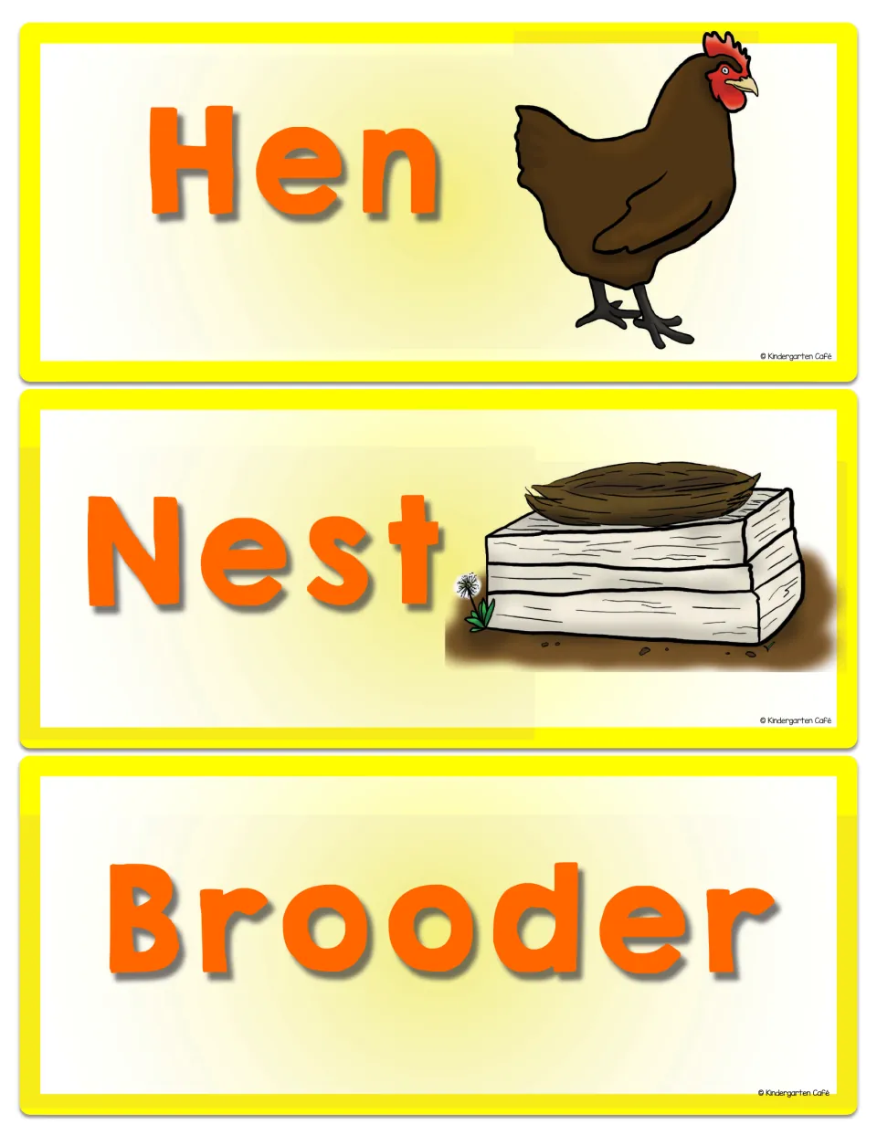 Chicken life cycle vocabulary cards for hen, nest, and brooder, with pictures on the hen and nest cards
