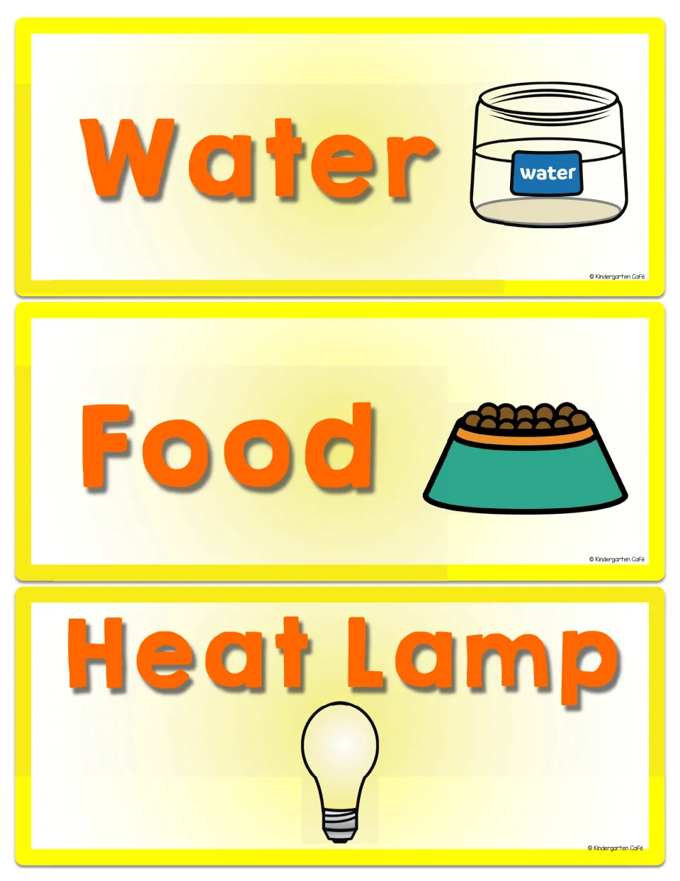 Chicken care vocabulary cards for water, food, and heat lamp, illustrated with a jar, bowl, and bulb