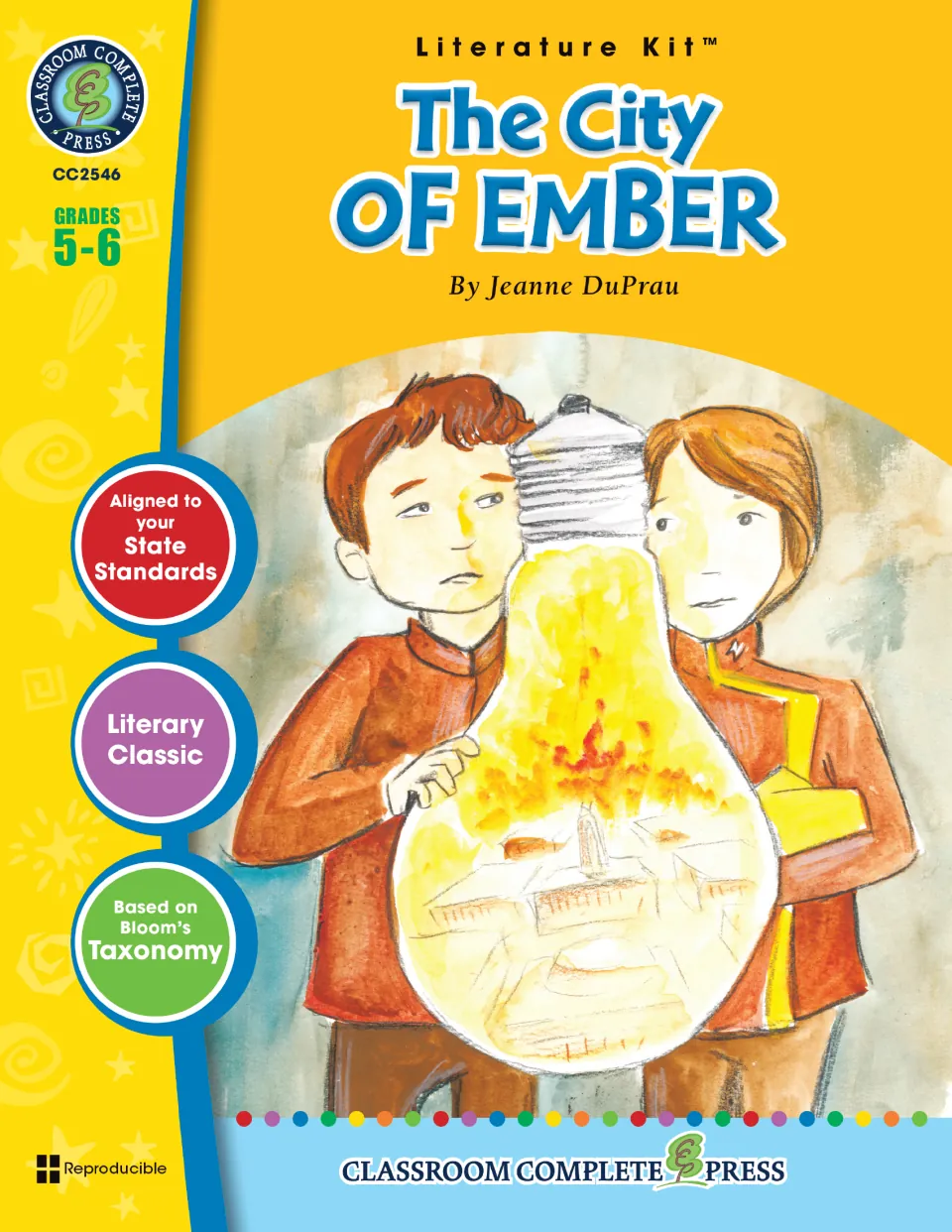 The City of Ember Literature Kit cover for grades 5-6, by Jeanne DuPrau, showing two children holding a glowing lightbulb