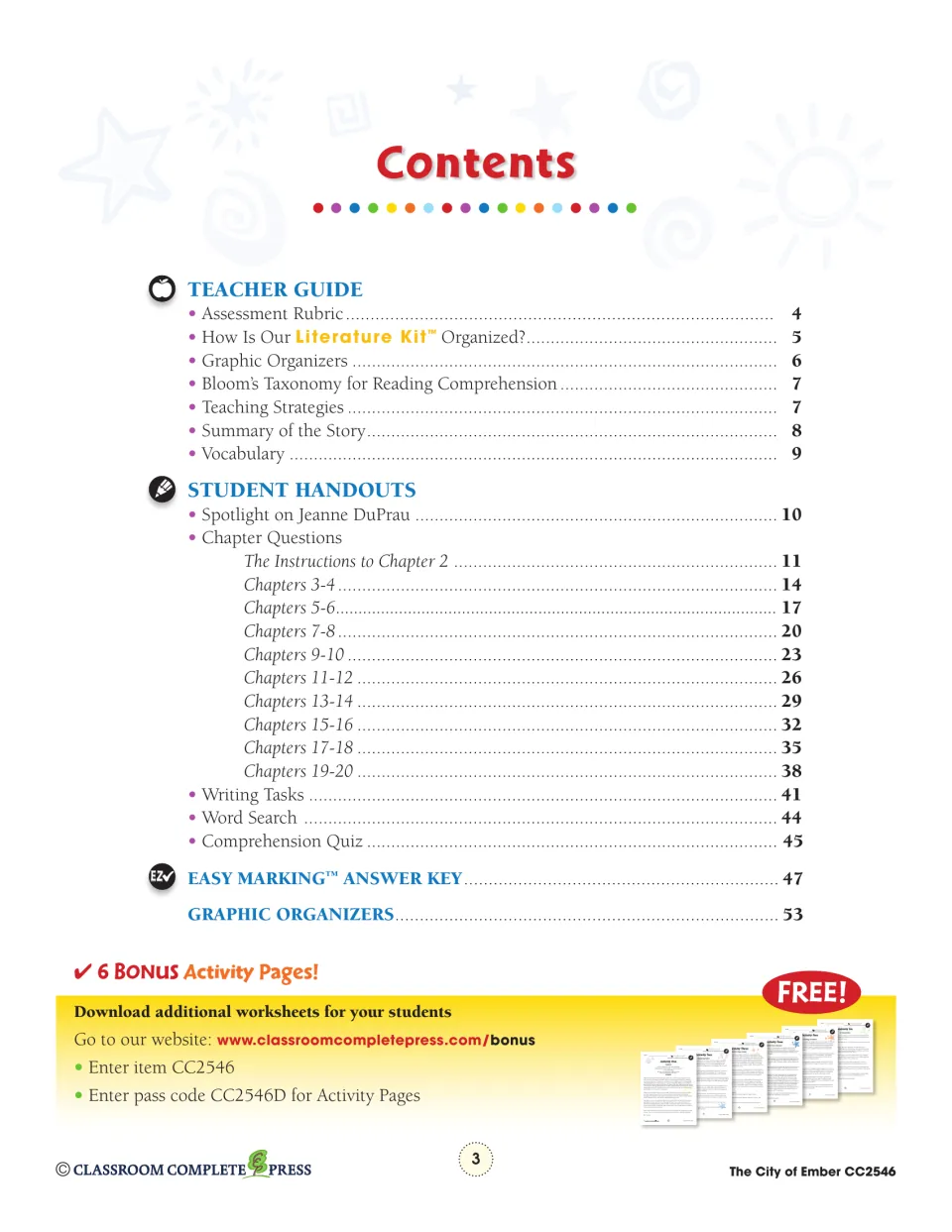 Table of contents listing the teacher guide, chapter question handouts, writing tasks, quiz and answer key