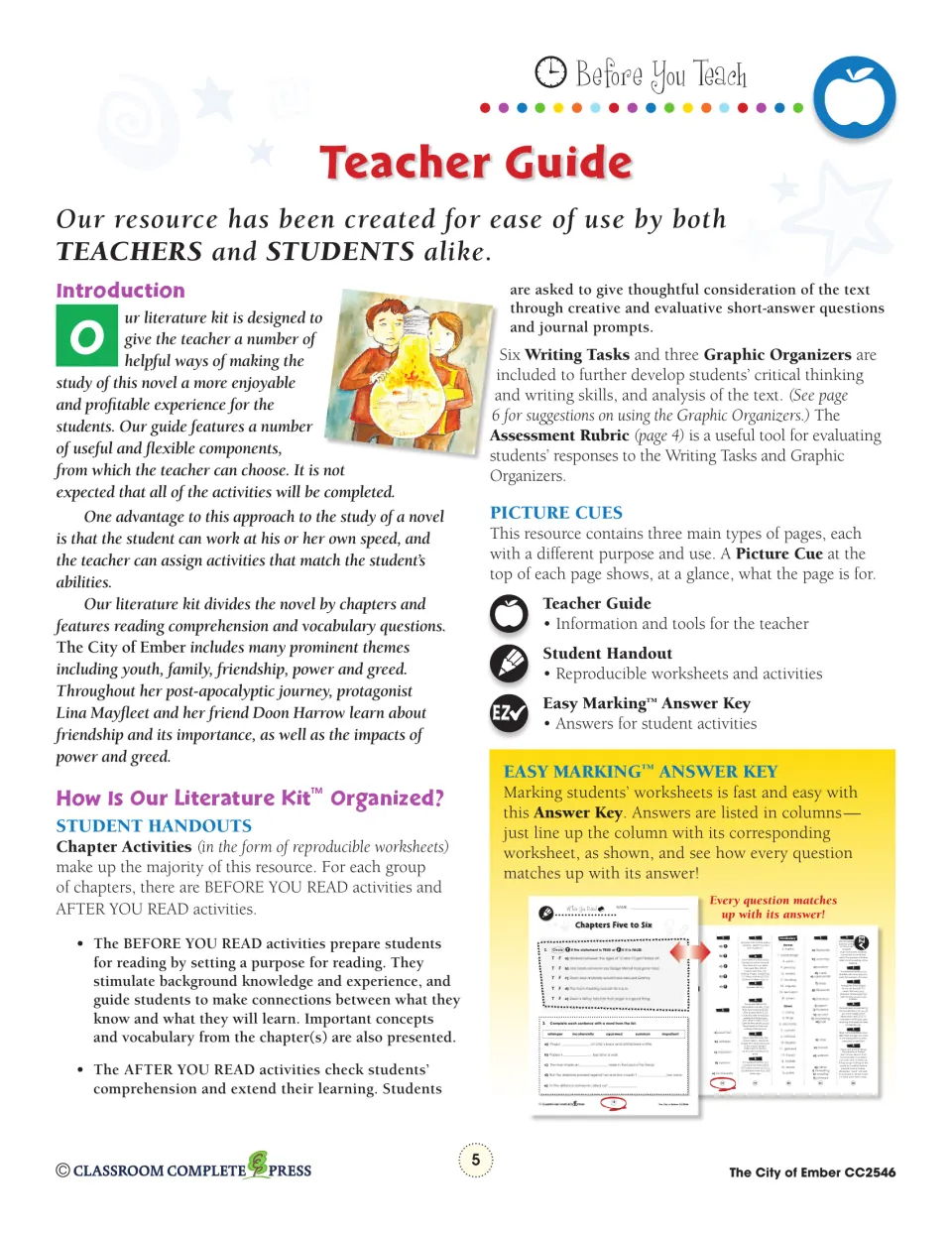 Teacher guide introduction explaining how the kit is organized, with picture cues and an Easy Marking answer key sample