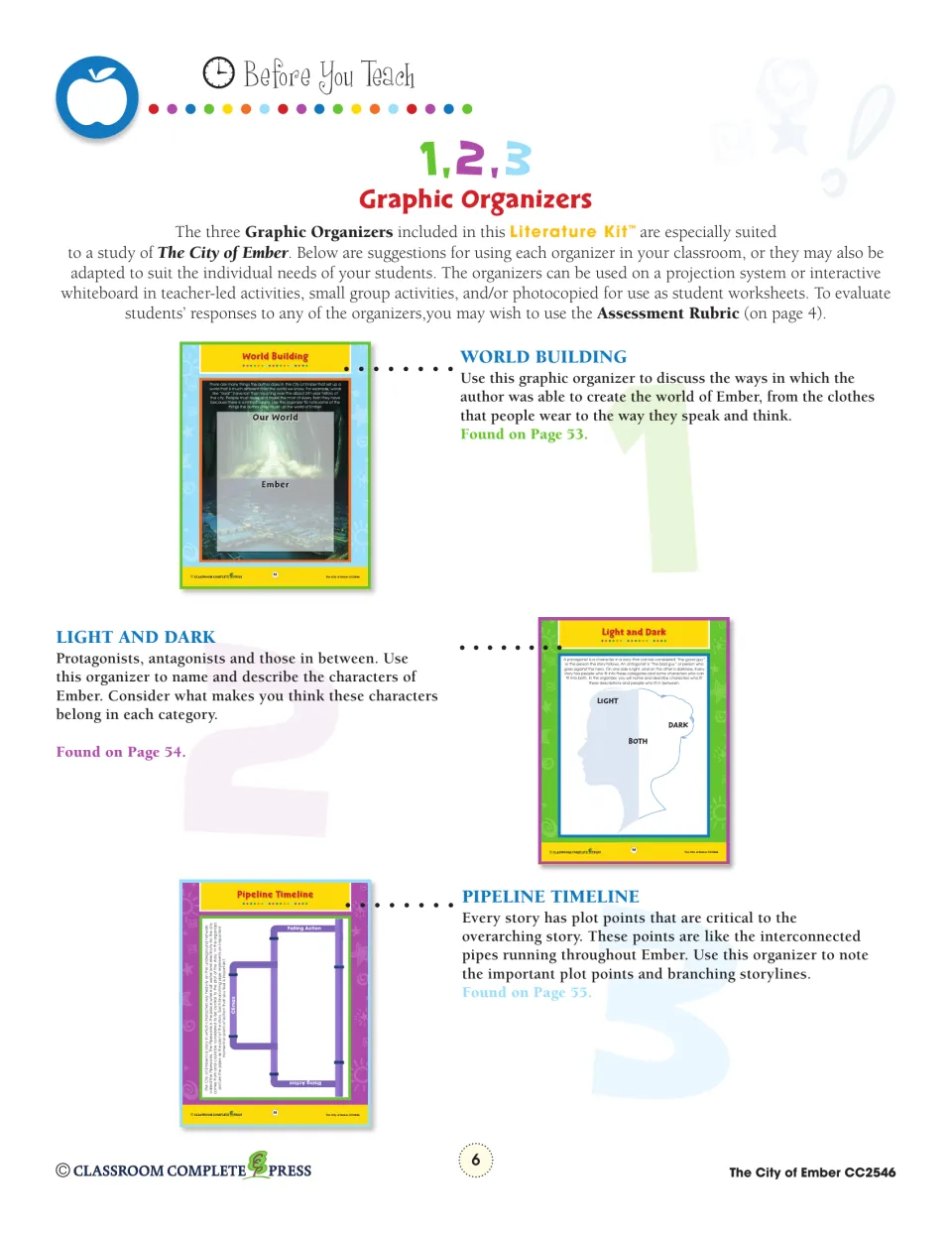 Graphic organizer ideas: World Building, Light and Dark characters, and Pipeline Timeline plot points, with page numbers