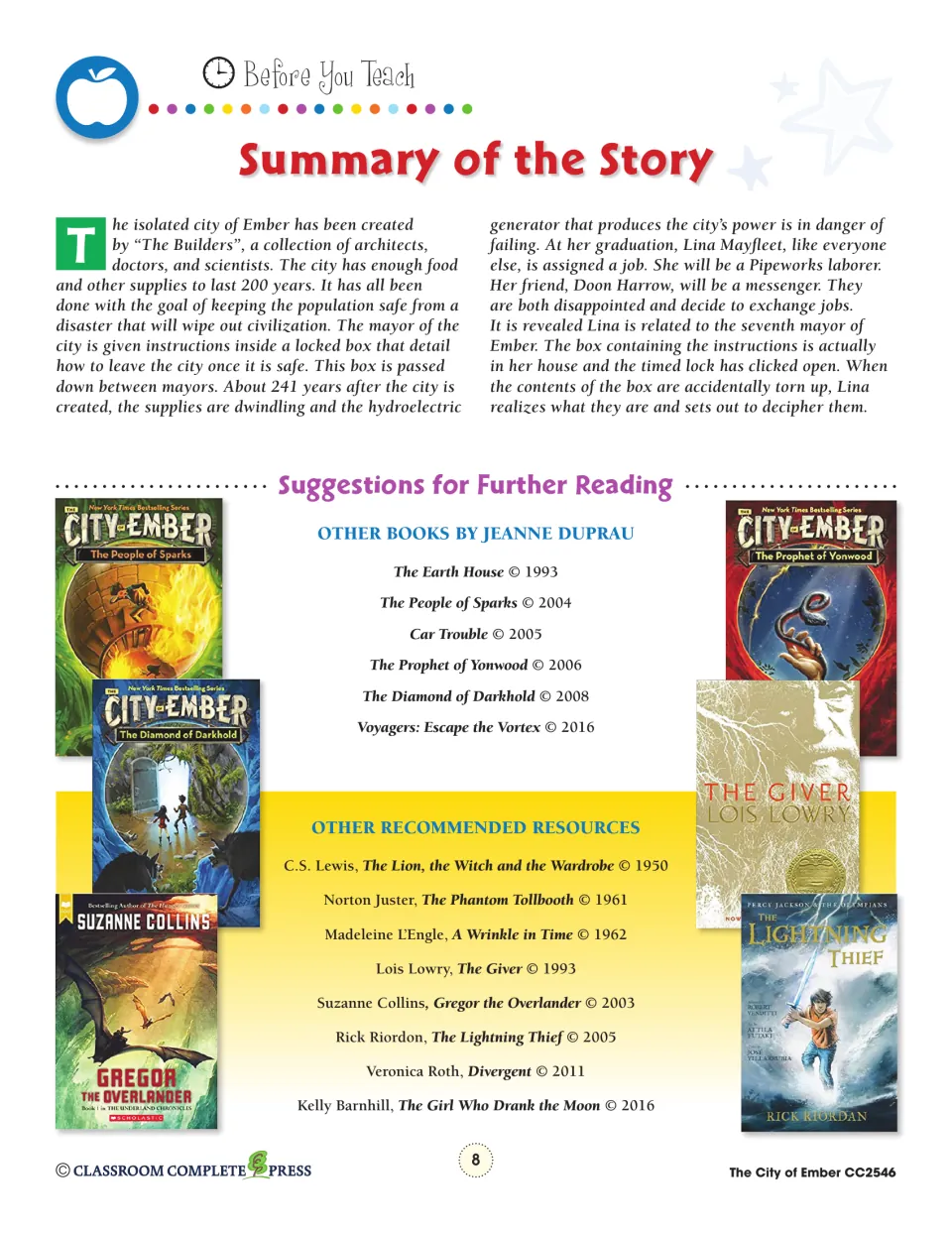 Story summary of Lina and Doon in Ember, plus further reading lists of Jeanne DuPrau books and other recommended novels