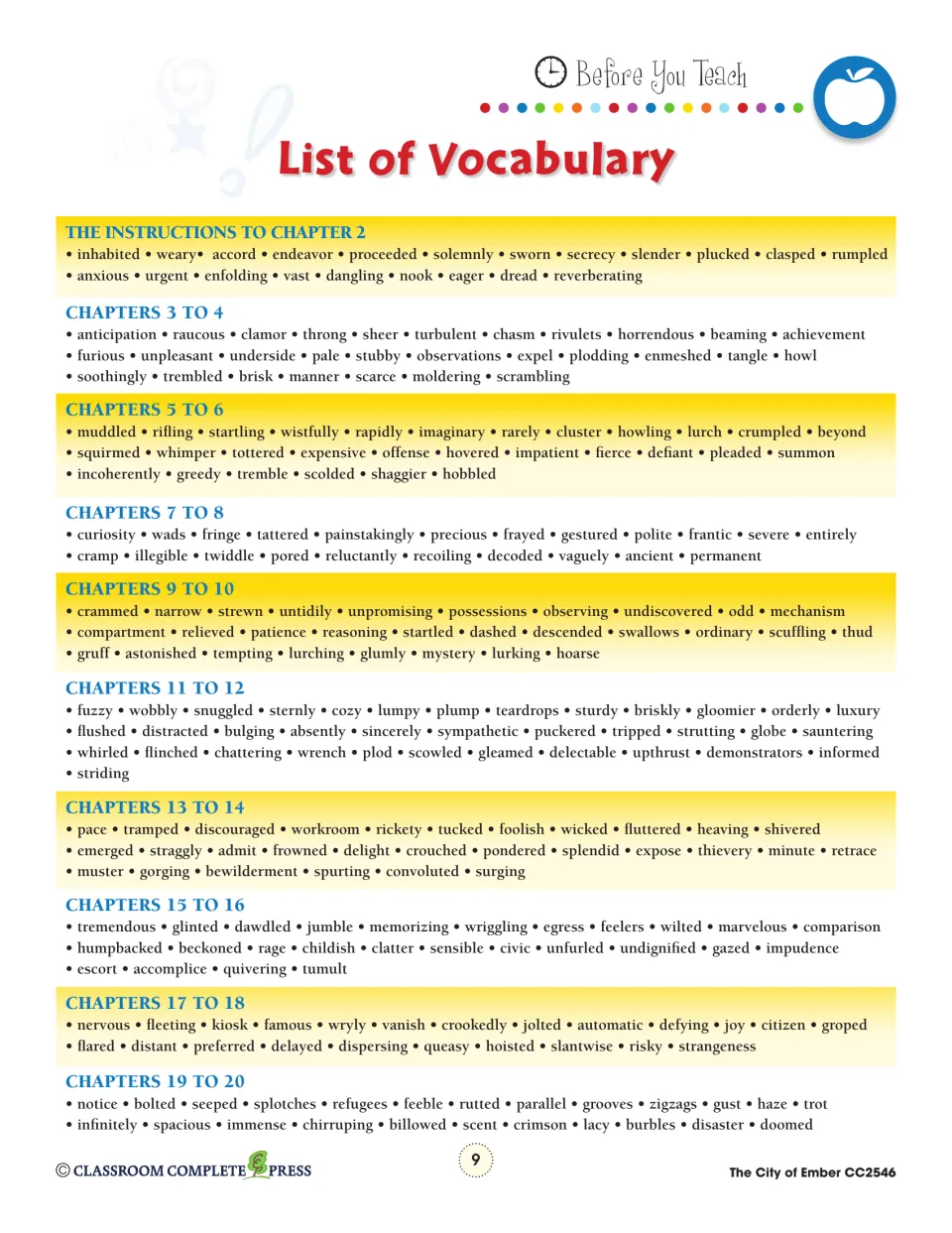 Vocabulary lists by chapter group, from the instructions to Chapter 2 through Chapters 19 to 20, for teaching new words