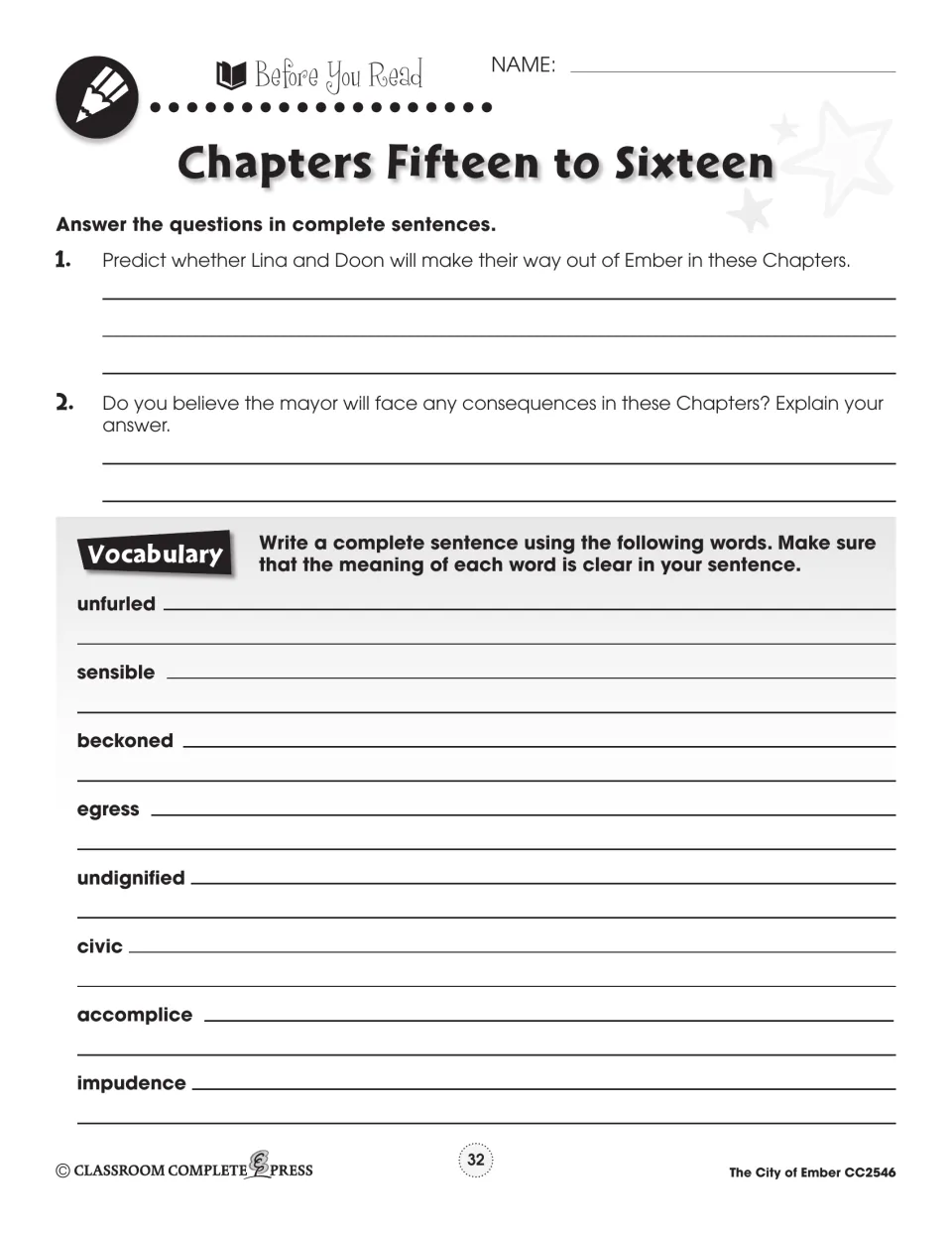 Before You Read, Chapters 15-16: students predict the escape and the mayor's fate, then write sentences with 8 words