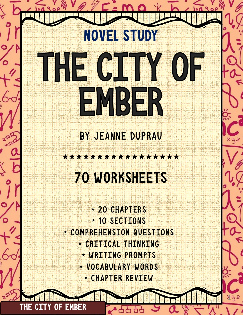 Novel study cover naming author Jeanne DuPrau and listing 70 worksheets across 20 chapters and 10 sections