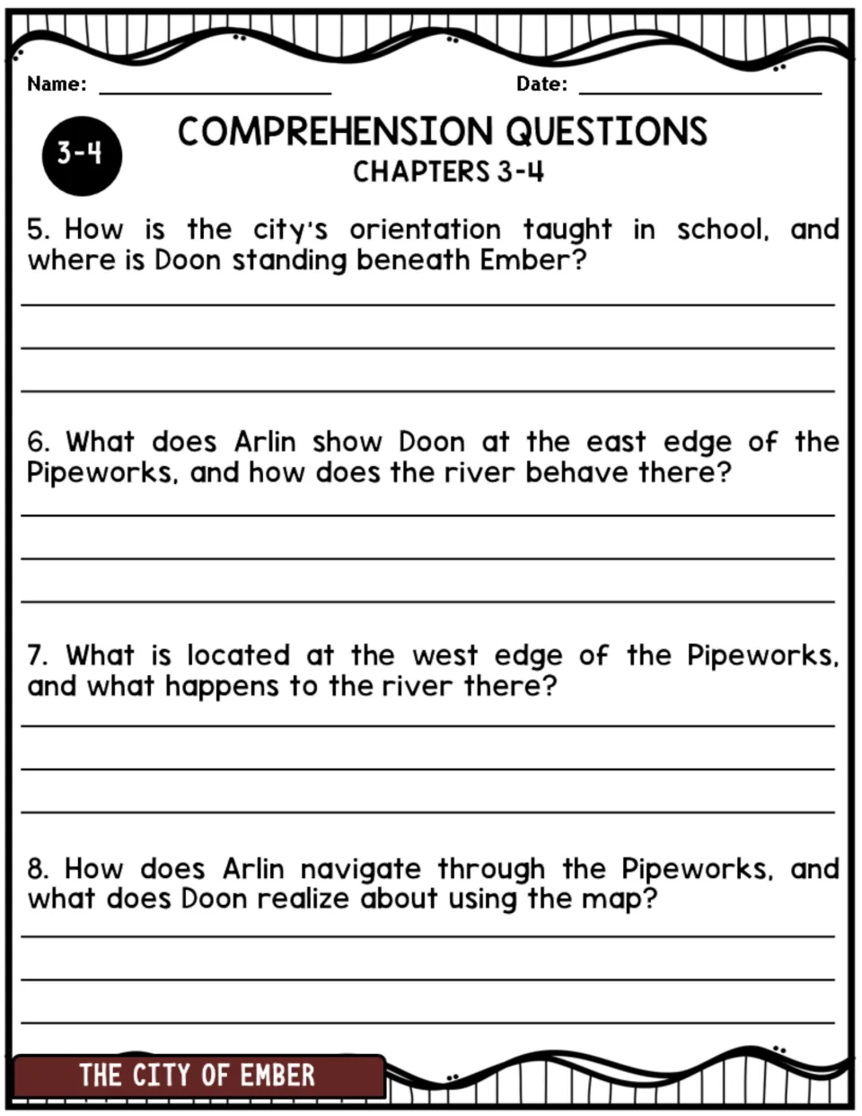 Chapters 3–4 comprehension questions 5–8 cover city orientation, river behavior, and navigating the Pipeworks