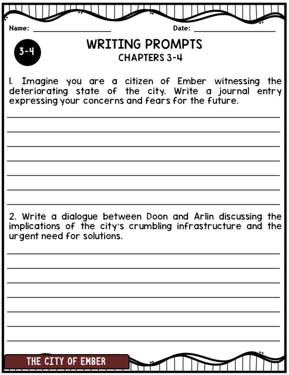 Chapters 3–4 writing prompts: a citizen's journal about the city and a dialogue between Doon and Arlin