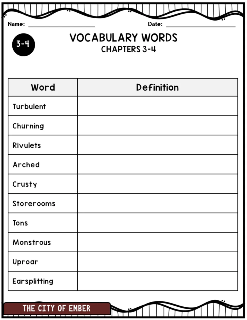 Chapters 3–4 vocabulary practice asks for definitions of turbulent, churning, rivulets, arched, and six more