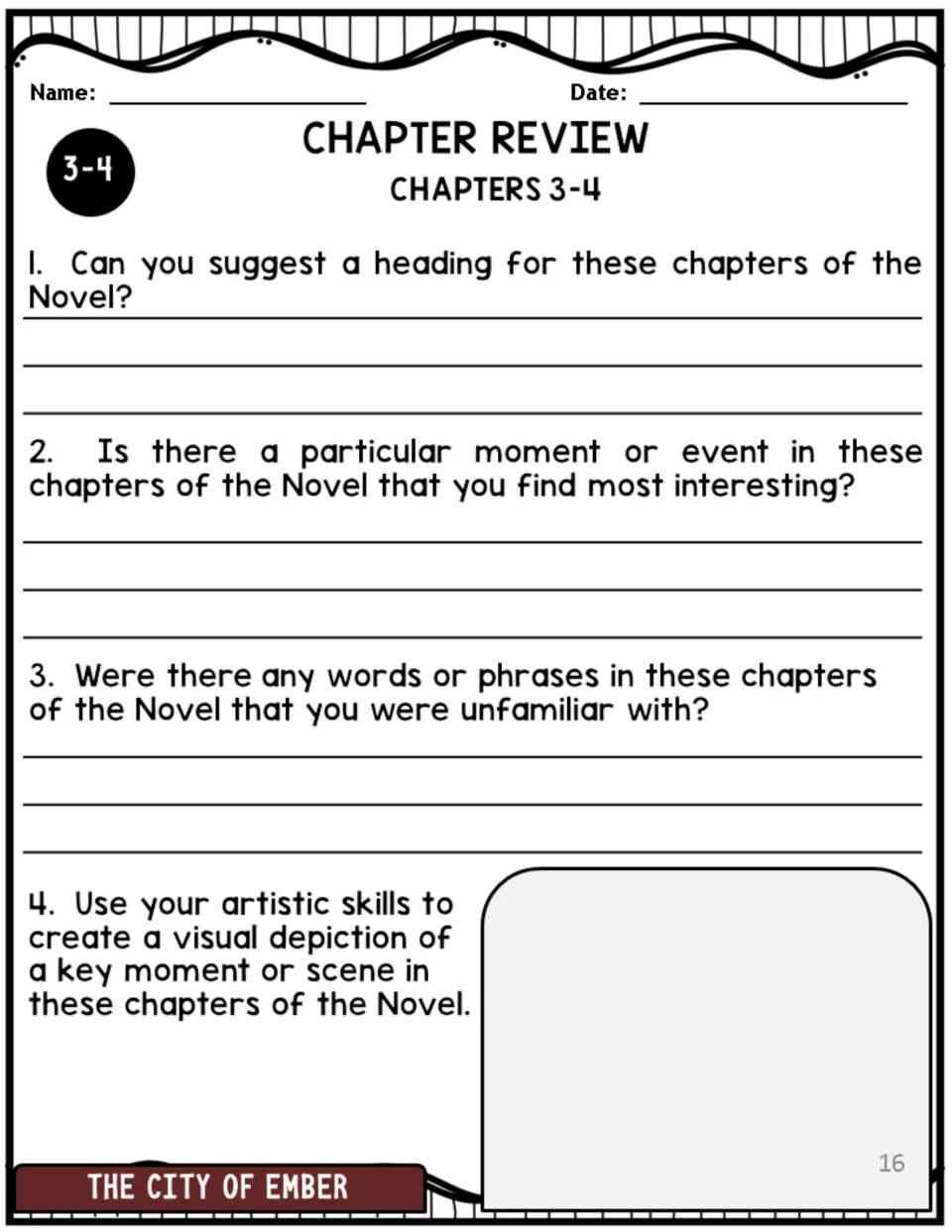 Chapters 3–4 review asks for a heading, an interesting event, unfamiliar words, and a drawing of a key scene