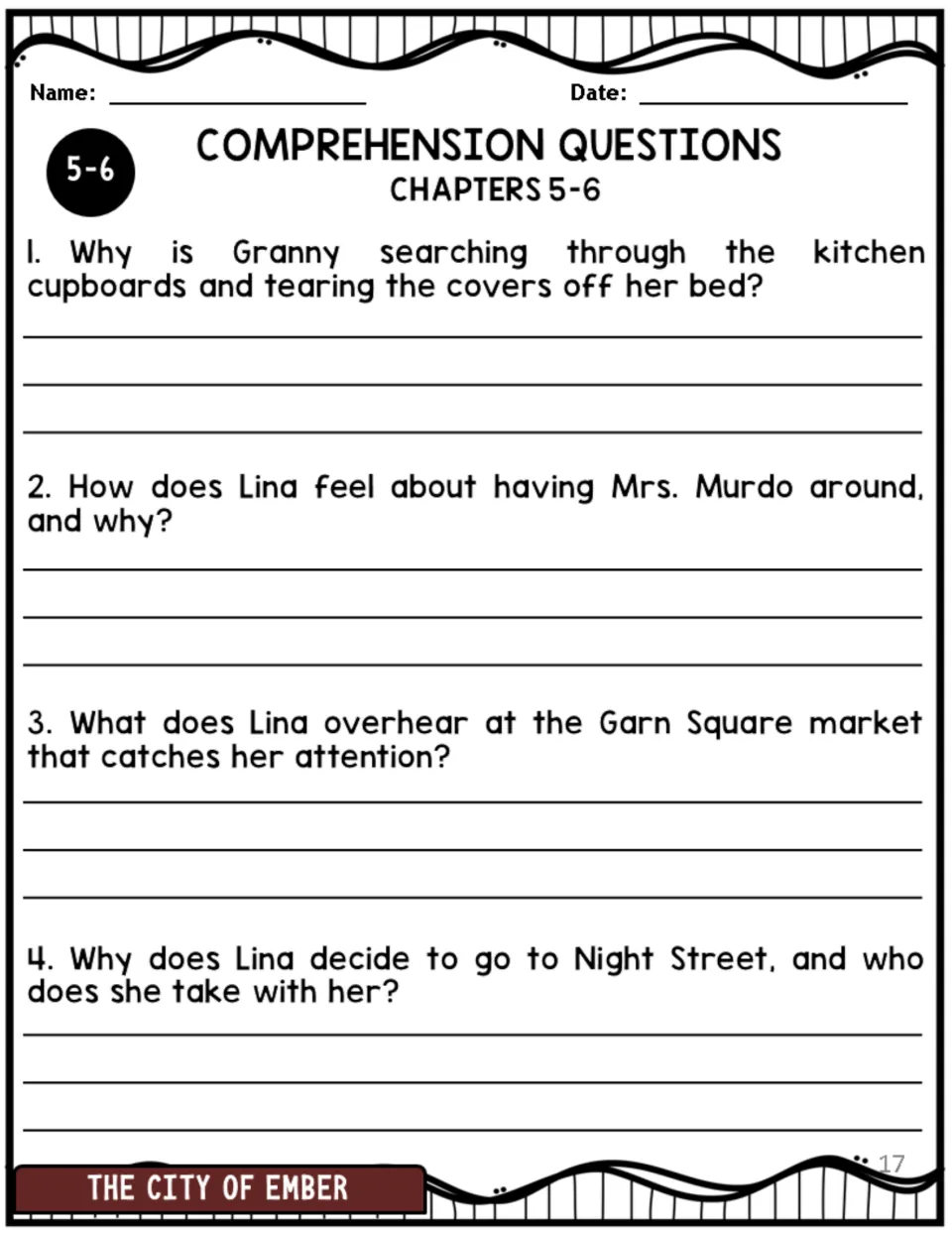 Chapters 5–6 comprehension questions 1–4 cover Granny's search, Mrs. Murdo, Garn Square, and Night Street