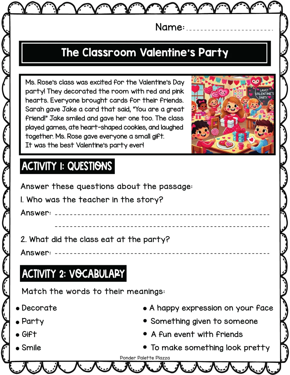 Valentine's party story about Ms. Rose's class: students answer two questions and match four vocabulary words to meanings