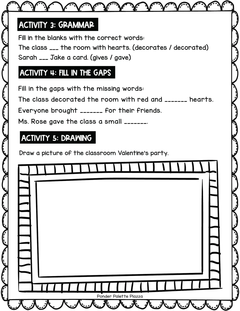 Story follow-up: students pick past-tense verbs, fill gaps with missing words from the passage and draw the party scene
