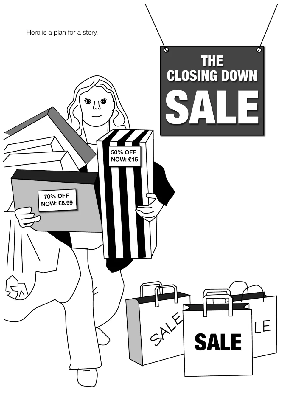 Story plan picture: a shopper carries discounted boxes marked 50% and 70% off under a hanging shop sign, with sale bags
