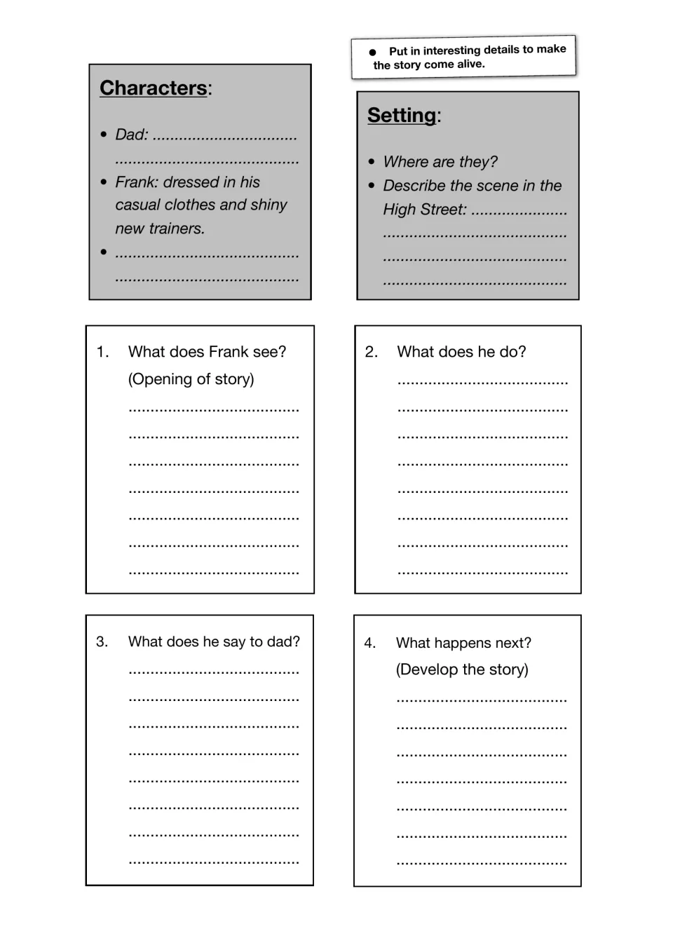Story planner: students add character and High Street setting details, then write what Frank sees, does and says to Dad
