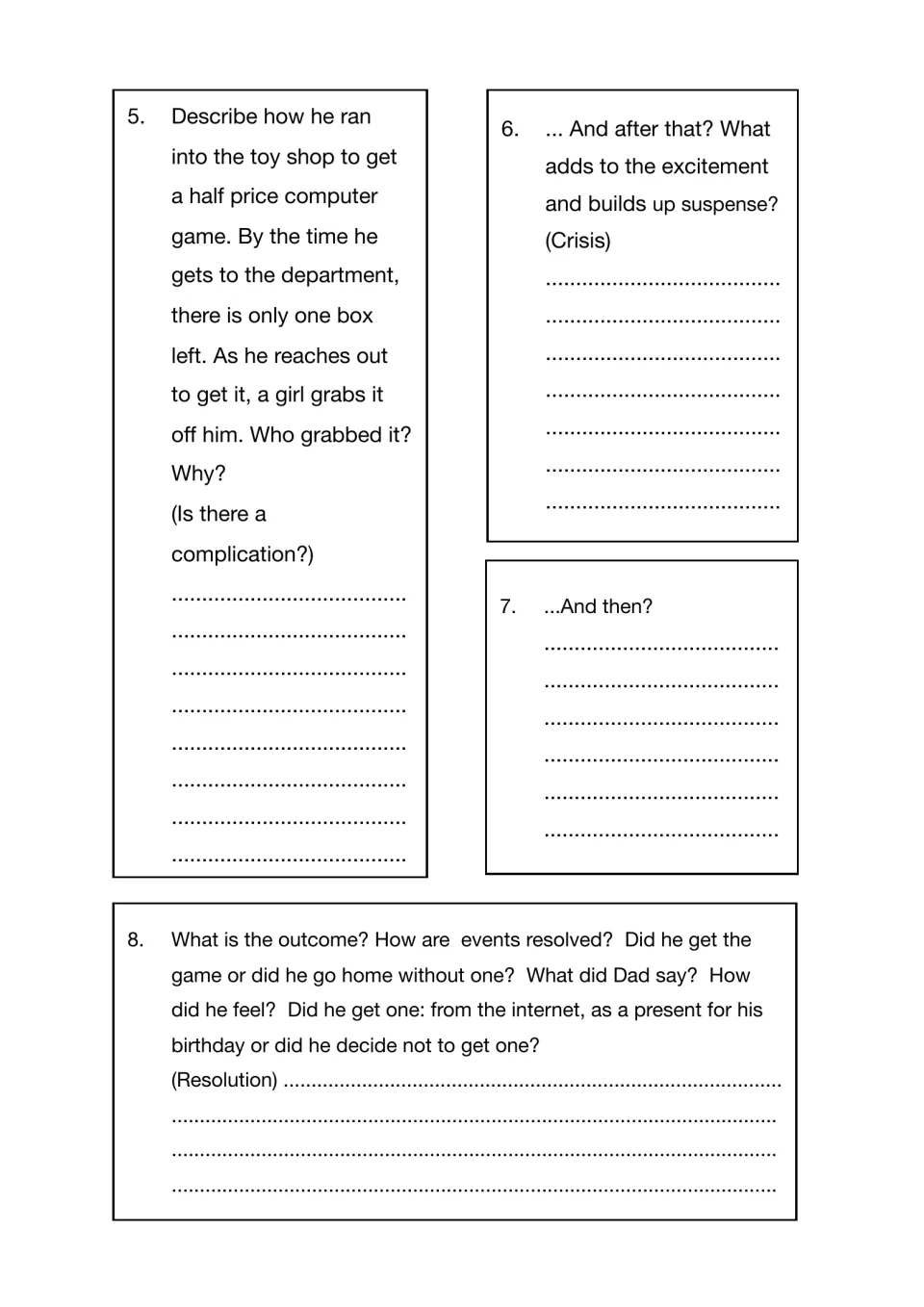 Planner, continued: students plan the complication with the girl, a suspenseful crisis and how events are resolved