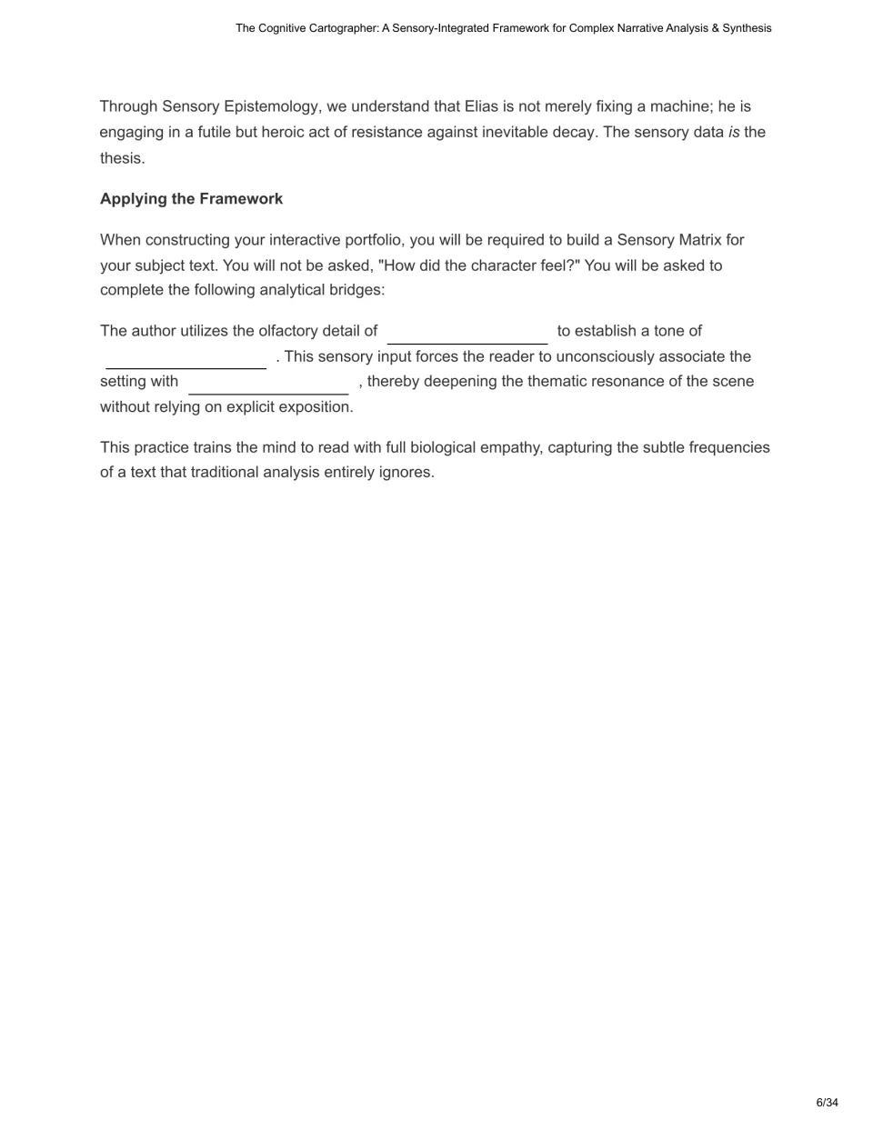 Chapter 2 application asks students to connect an olfactory detail to tone and thematic meaning in a text.
