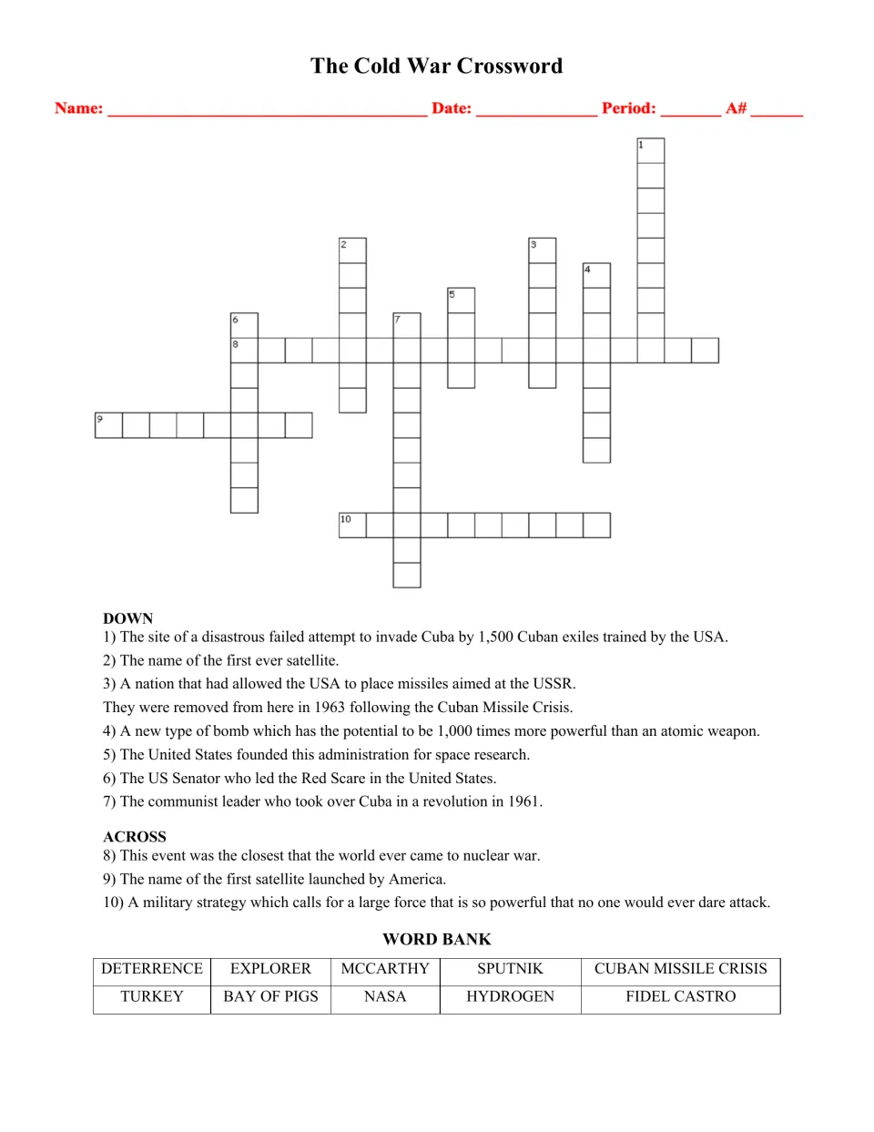 Cold War crossword: students solve 10 clues on Sputnik, Bay of Pigs, McCarthy and the Cuban Missile Crisis using a word bank