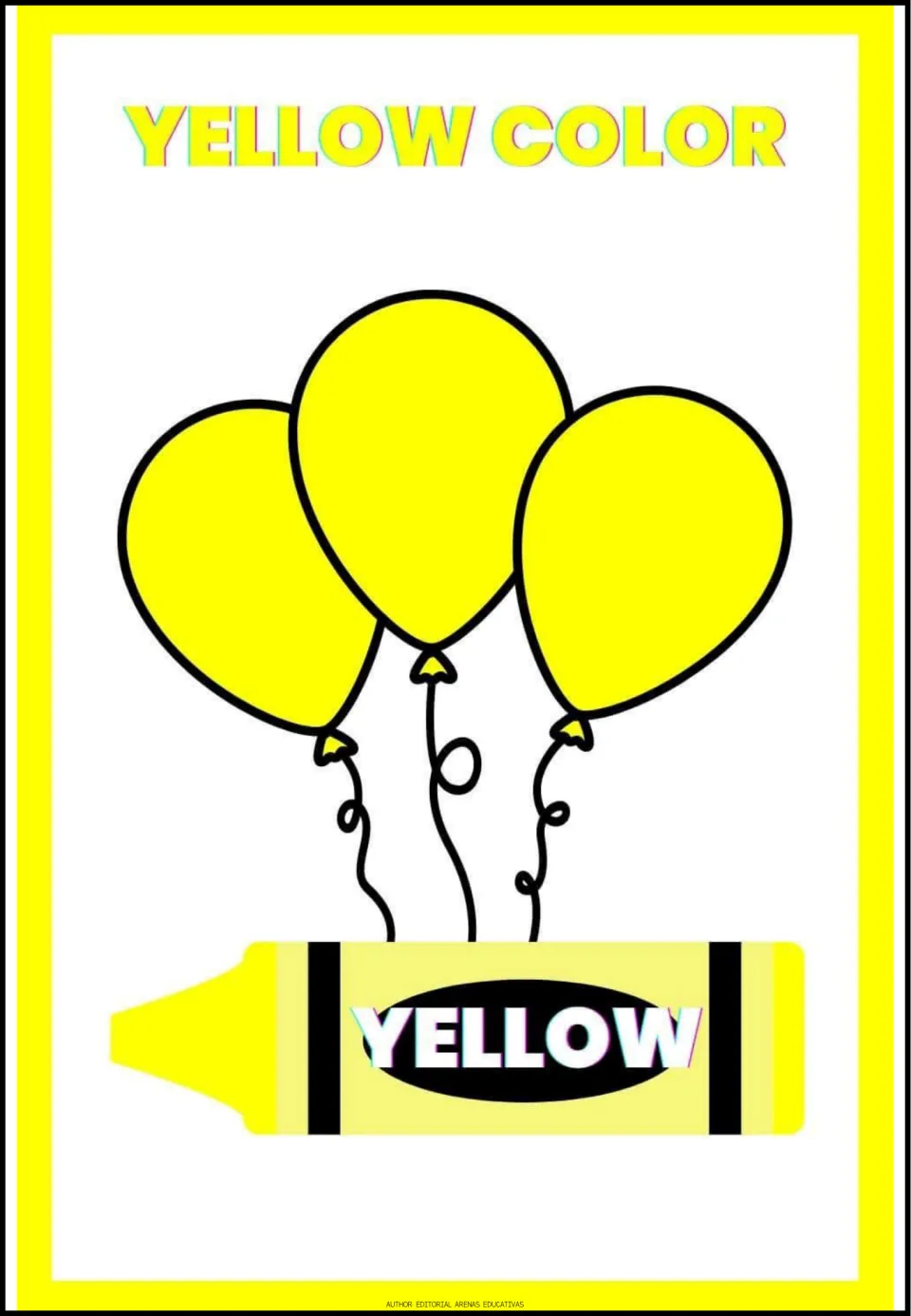 Yellow poster: three bright balloons with curly strings rise from a matching crayon that names the shade on its label