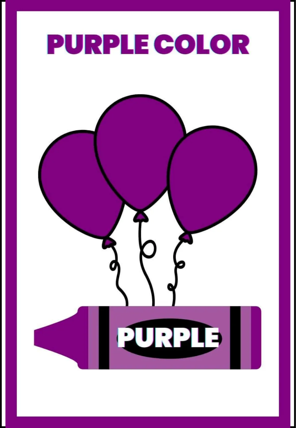 Purple poster: three balloons in a deep violet shade hover above a crayon printed with the color word for reading practice