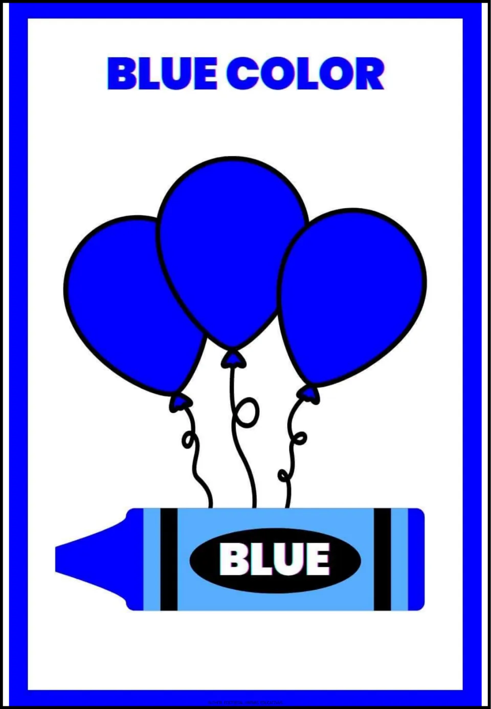 Blue poster headed BLUE COLOR: three vivid balloons over a lighter crayon printed with the name, for learning color words