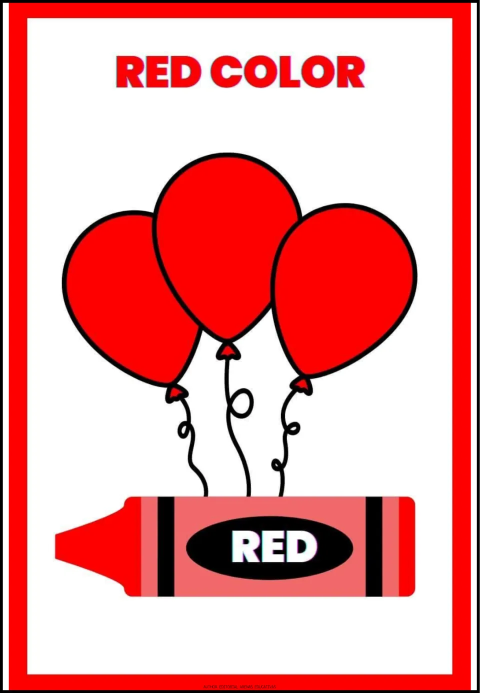 Red poster: three bright balloons over a crayon printed with the color name so learners connect the shade to its word