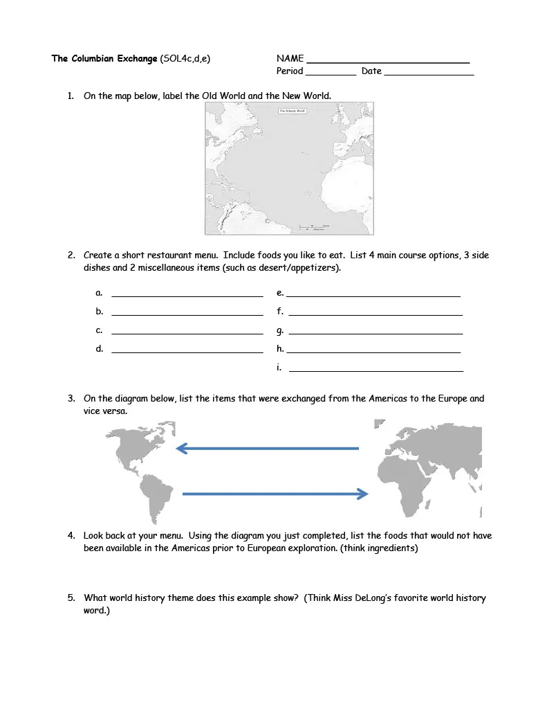 The Columbian Exchange Worksheet – cover