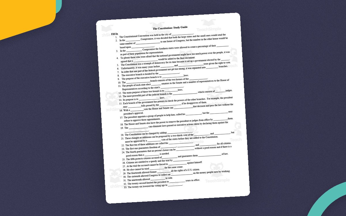 The Constitution Study Guide worksheet preview.