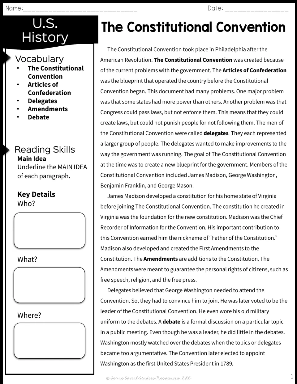 Constitutional Convention passage, part 1: students underline main ideas and note who, what and where key details