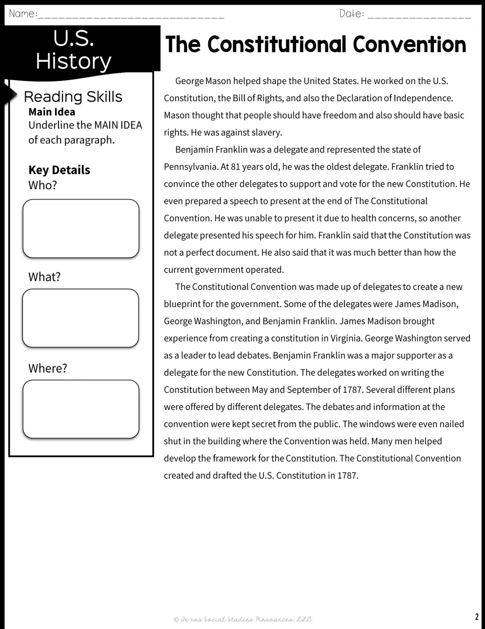 Passage part 2 on Mason, Benjamin Franklin and the 1787 delegates: students underline main ideas and note key details