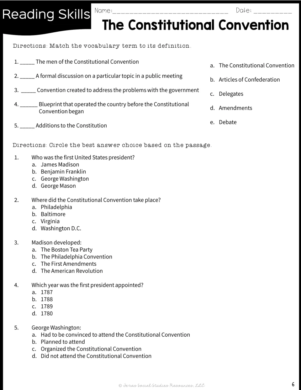 Vocabulary matching for delegates, debate, amendments and Articles of Confederation, then five multiple-choice questions
