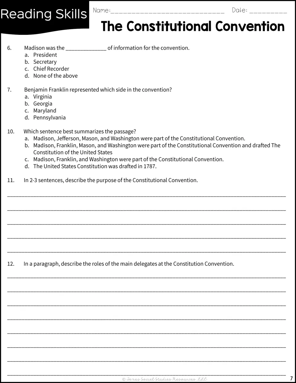 Convention quiz continued: Madison's role, Franklin's state, best summary, plus written responses on purpose and roles