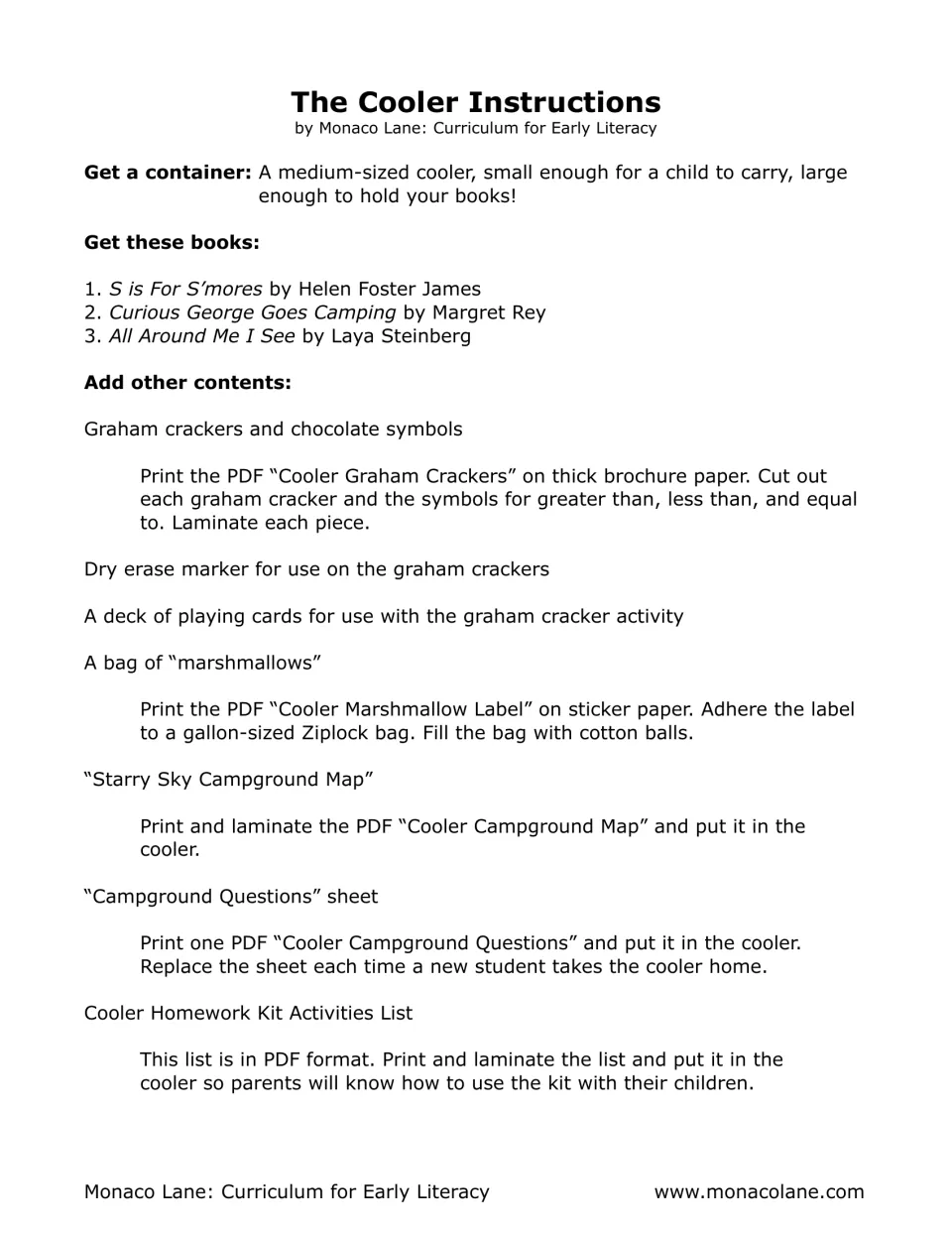 Kit assembly instructions list three books and explain how to prepare the math materials and campground pages.