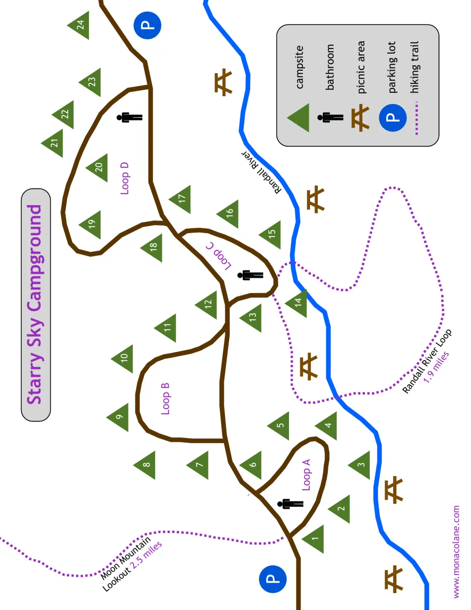 Starry Sky Campground map shows campsites 1–24, loops A–D, Randall River, facilities, and hiking trails.