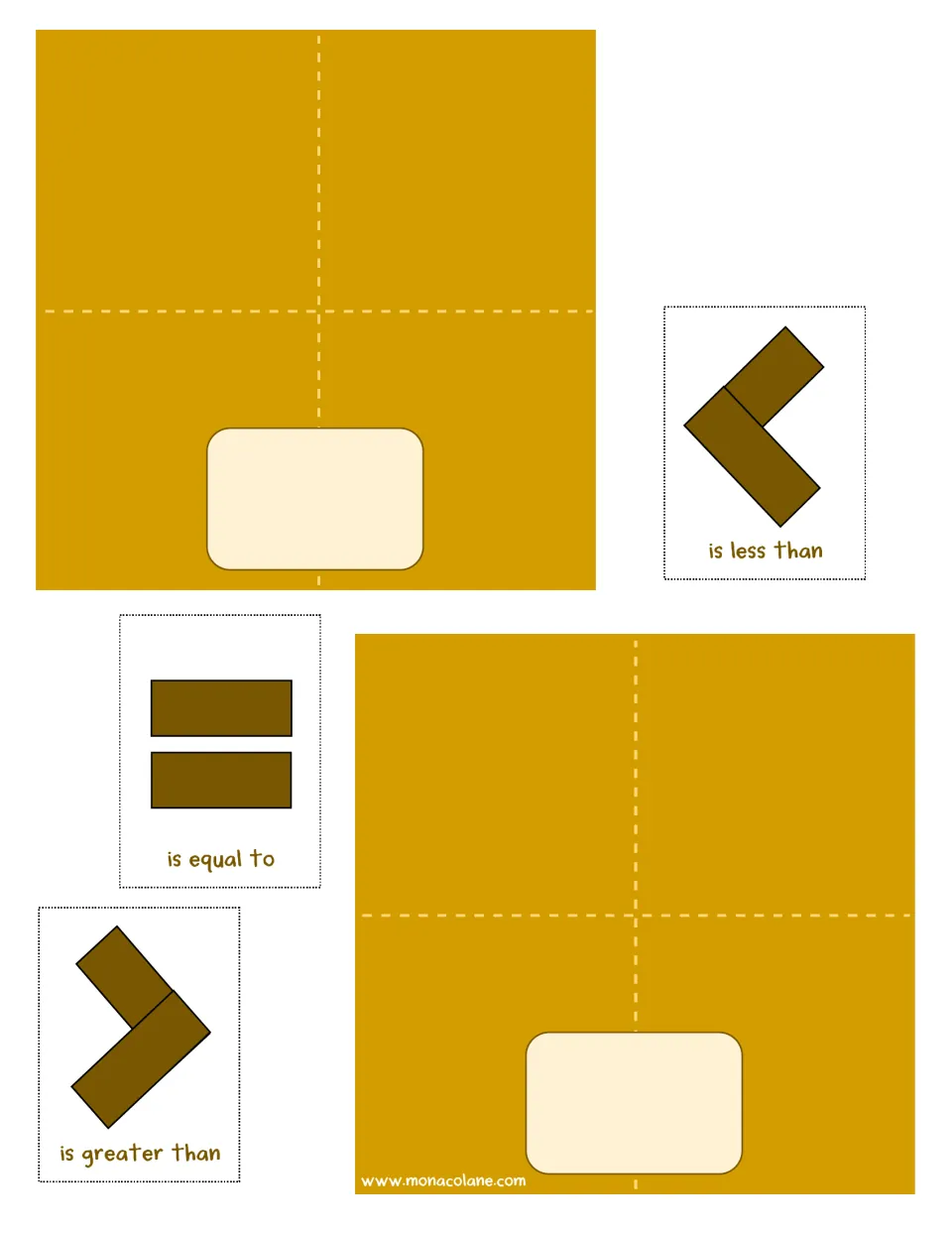 Two graham cracker counting mats and chocolate symbols for less than, equal to, and greater than comparisons.