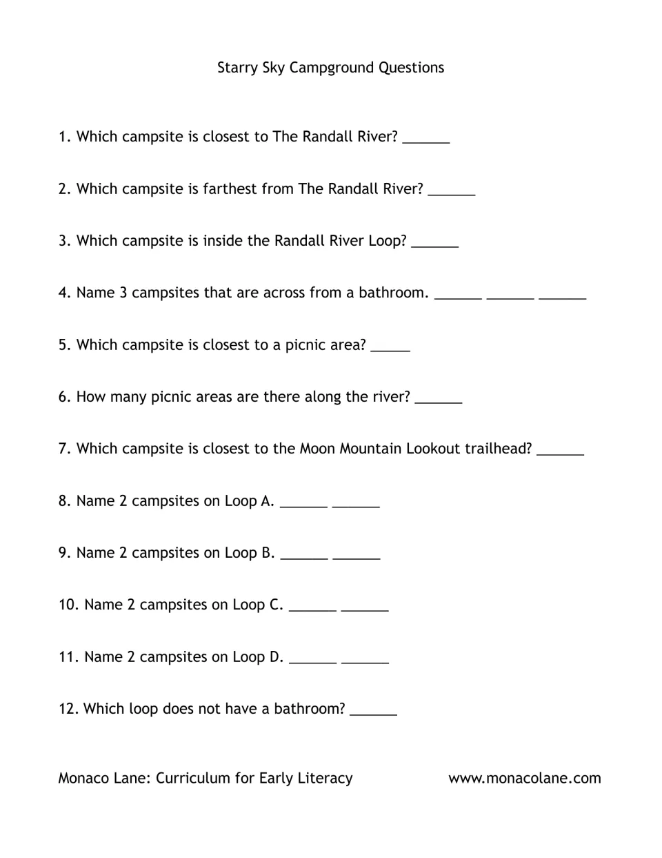 Campground question sheet asks 12 questions about campsite locations, picnic areas, bathrooms, and loops.