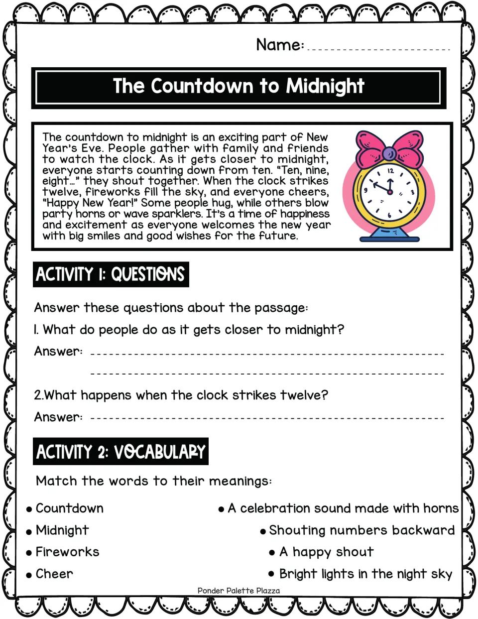 New Year's Eve reading passage: students answer two comprehension questions and match countdown words to meanings