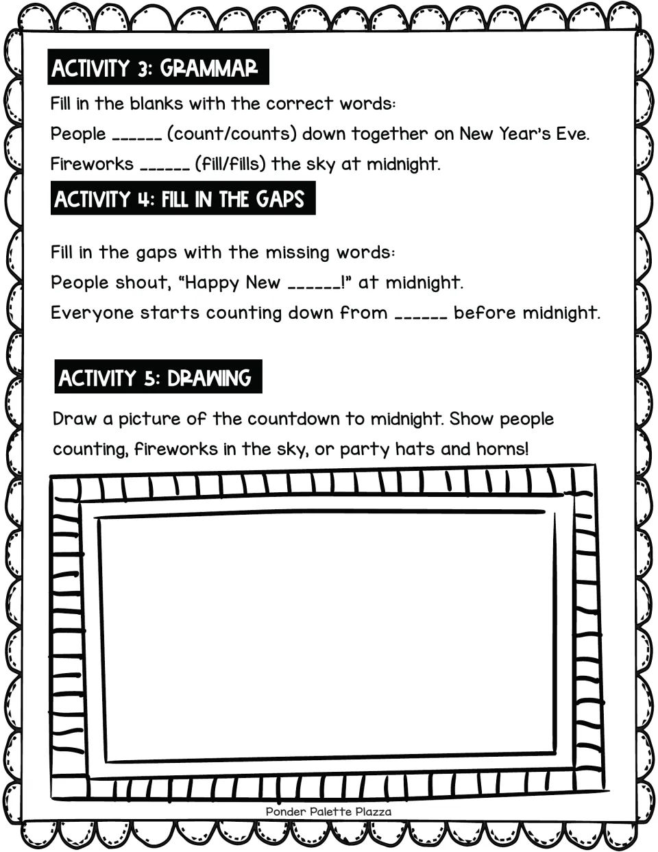 Midnight countdown follow-up: students choose verbs for subject-verb agreement, fill in missing words and draw the scene